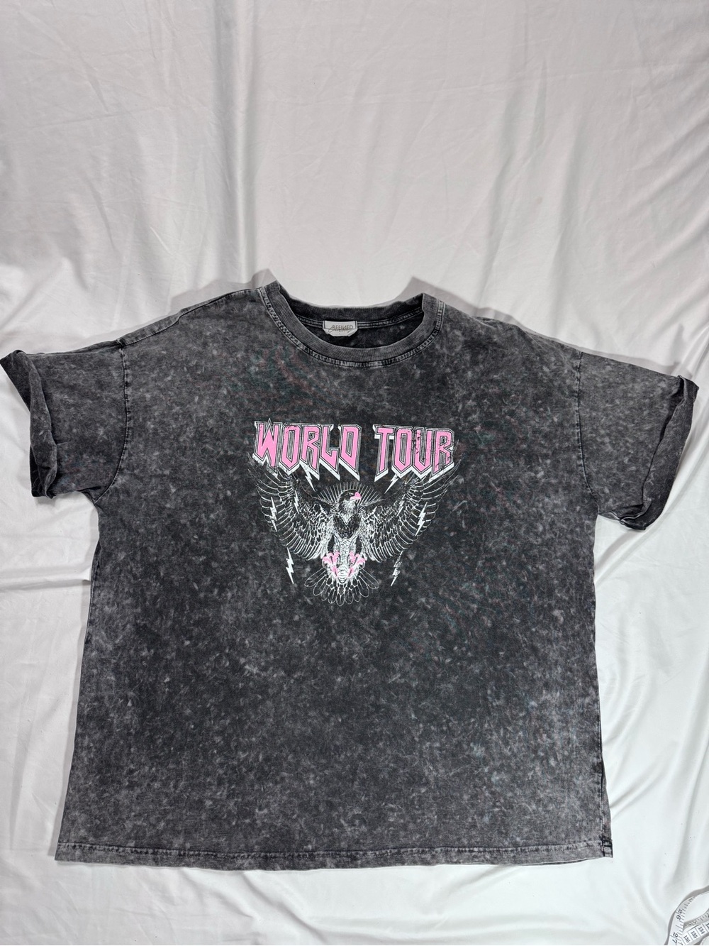 Refined Canvas Black Mineral-Wash 'World Tour' Graphic Tee with Pink Accents